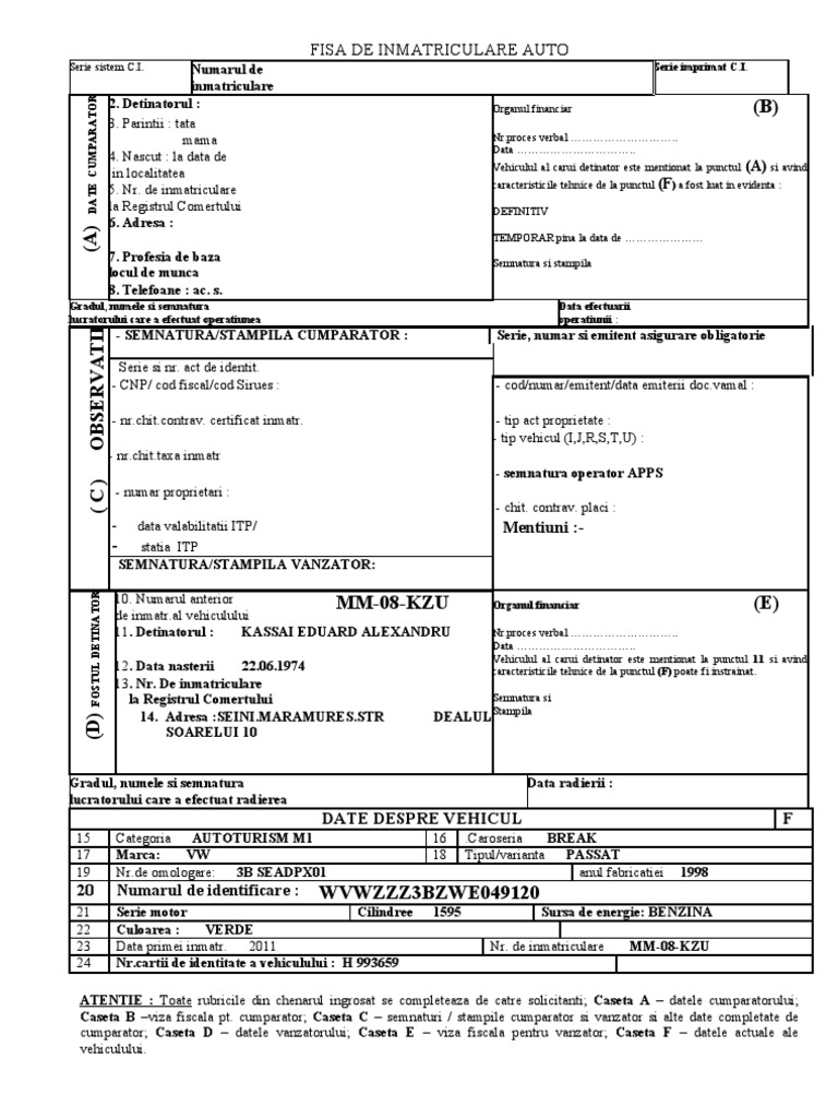 Fisa De Inmatriculare