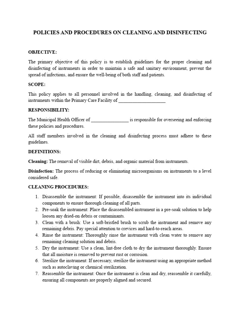 Policies and Procedures On Cleaning and Disinfecting | PDF ...