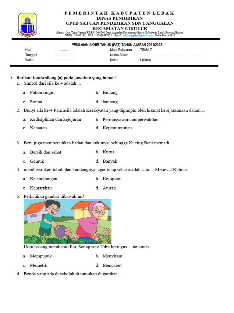 Contoh soal pat kelas 1 tema 7 Contoh soal pat kelas 1 tema 7