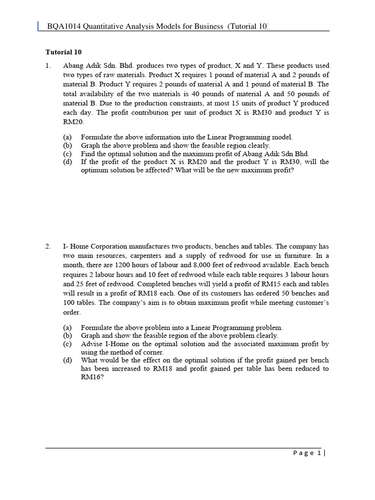 Tutorial 10 Pdf Linear Programming Mathematical Optimization
