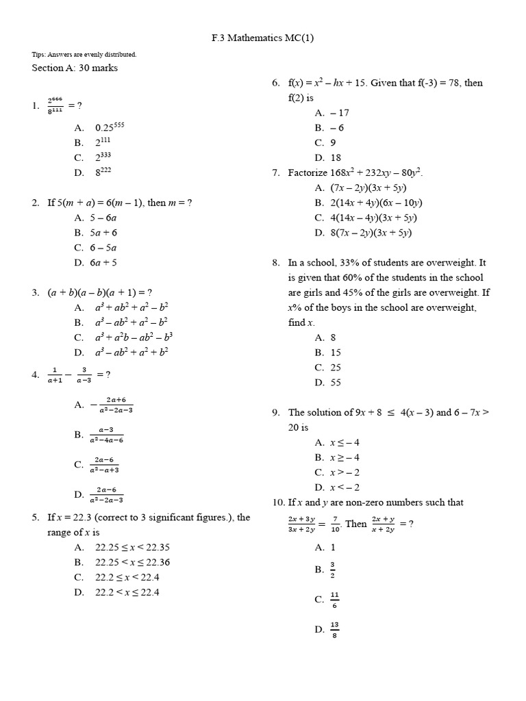Mathematics MCQ Practice Questions | PDF