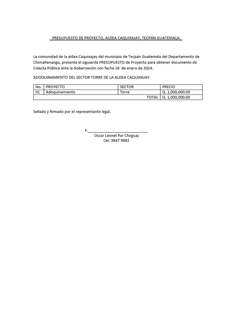 Presupuesto de Proyecto Caquixajay 2024 - 102415 | PDF