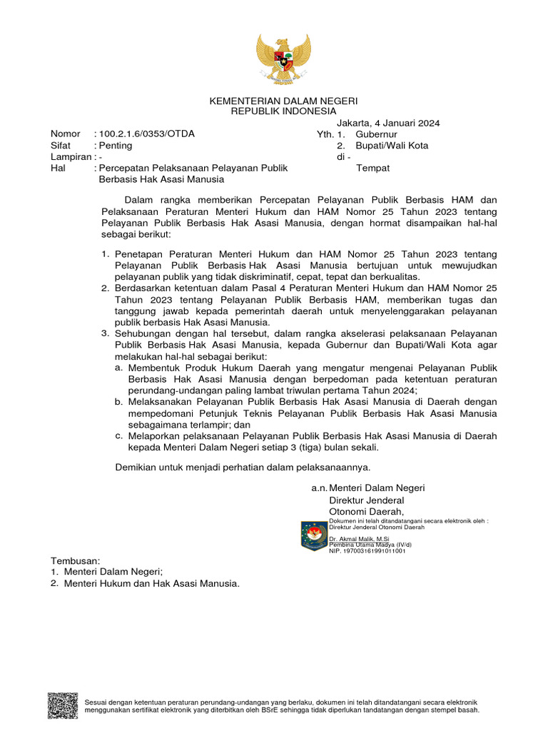 Surat Menteri Dalam Negeri TTG Percepatan Pelaksanaan Pelayanan Publik ...