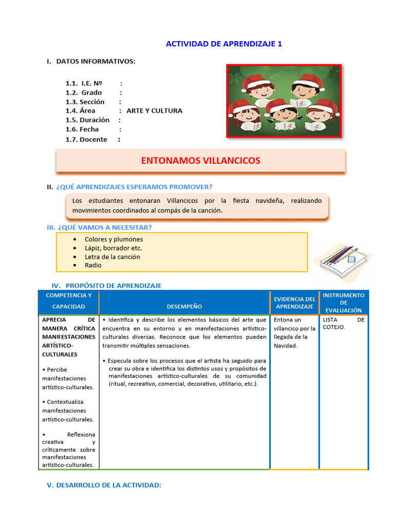 D1 A3 Sesion Arte Entonamos Villancicos Pdf Evaluación Canciones