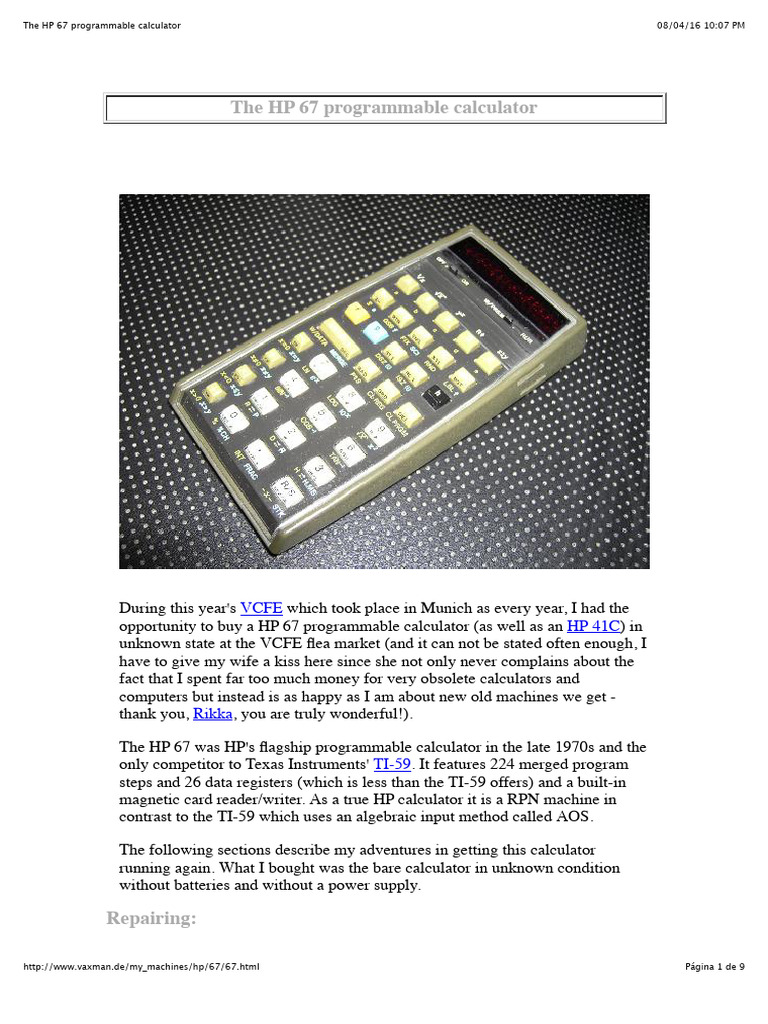 HP 67 Calculator Repair Guide | PDF | Calculator | Electrical Connector