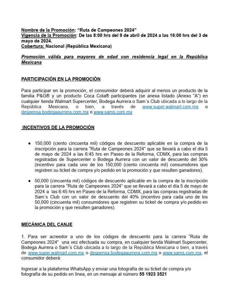Términos y Condiciones Ruta de Campeones 2024 PDF Coca Cola