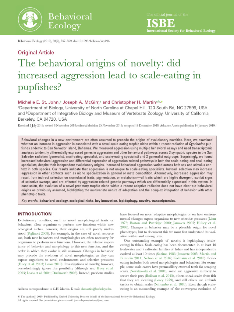 Aggression and Scale-Eating in Pupfishes | PDF | Aggression | Evolution - Aggression Due To Eating