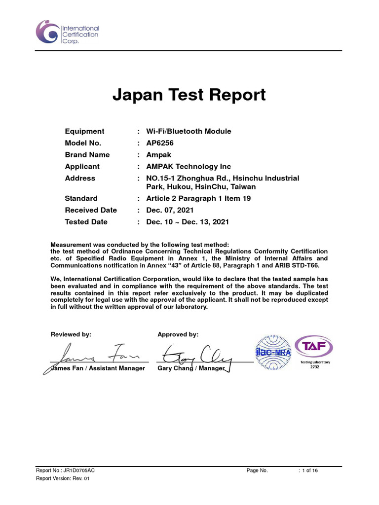 Japan Test Report: Report No.: JR1D0705AC Page No.: 1 of 16 Report ...