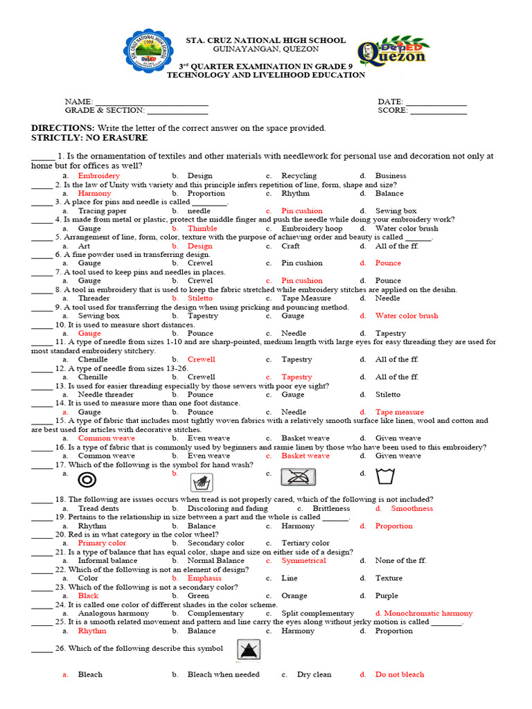Grade 9 TLE 3rd Quarter Exam Guide | PDF | Weaving | Embroidery