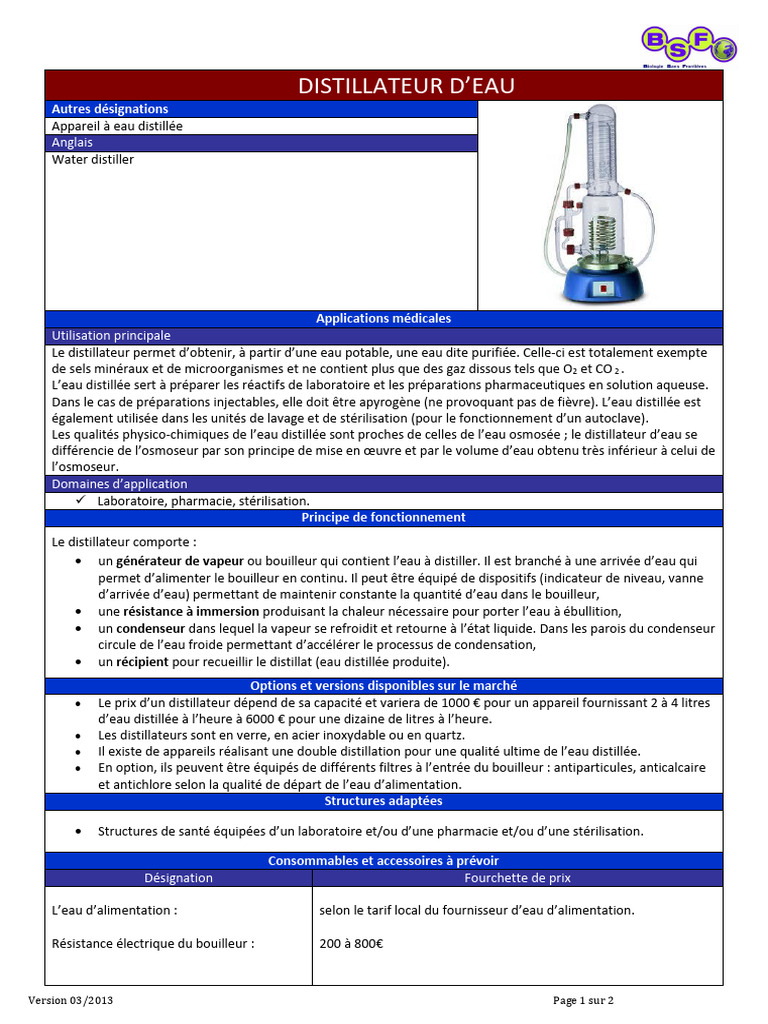 Distillateur d'Eau pour Applications Médicales | PDF | Distillation | Eau
