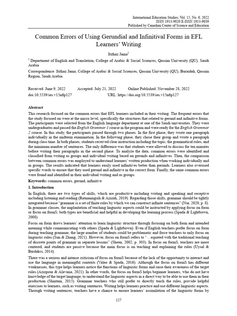 Common EFL Errors: Gerunds vs. Infinitives | PDF | Verb | English As A ...