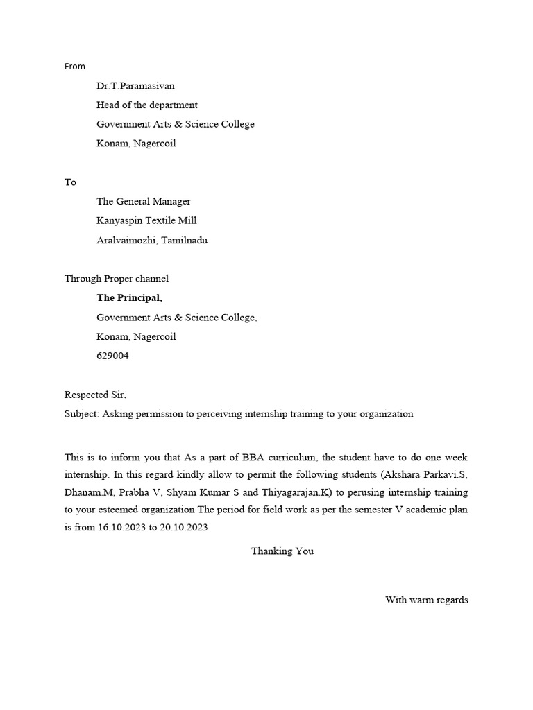 Internship Request for BBA Students | PDF