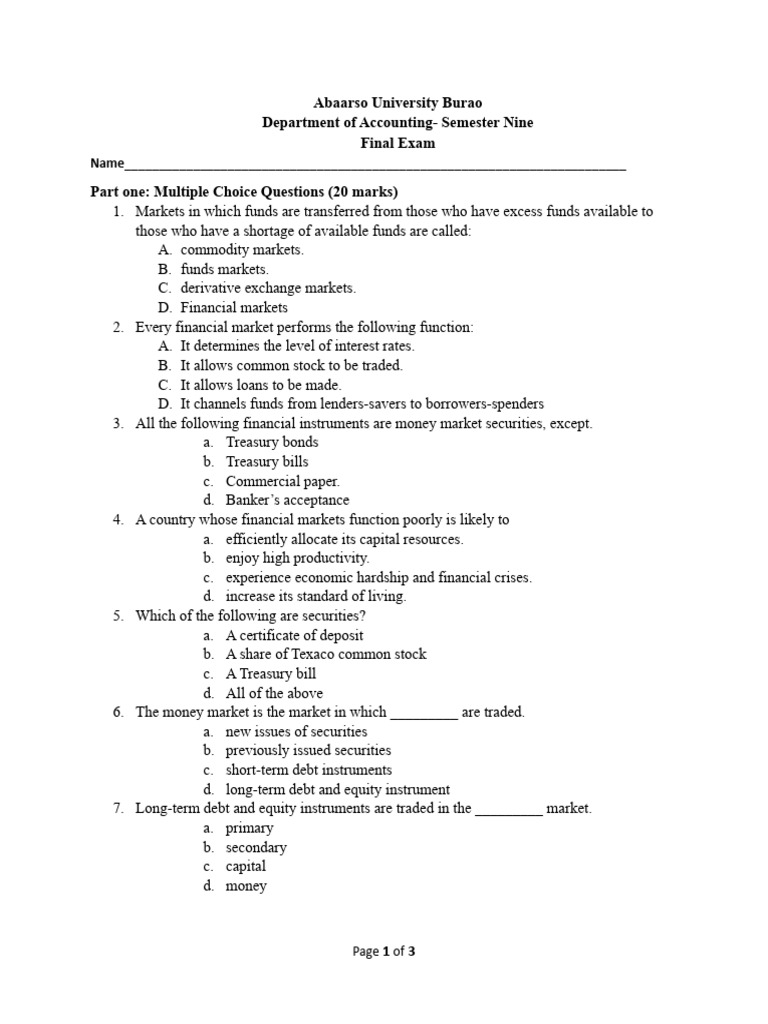 Financial Markets Final Exam Questions | PDF | United States Treasury ...
