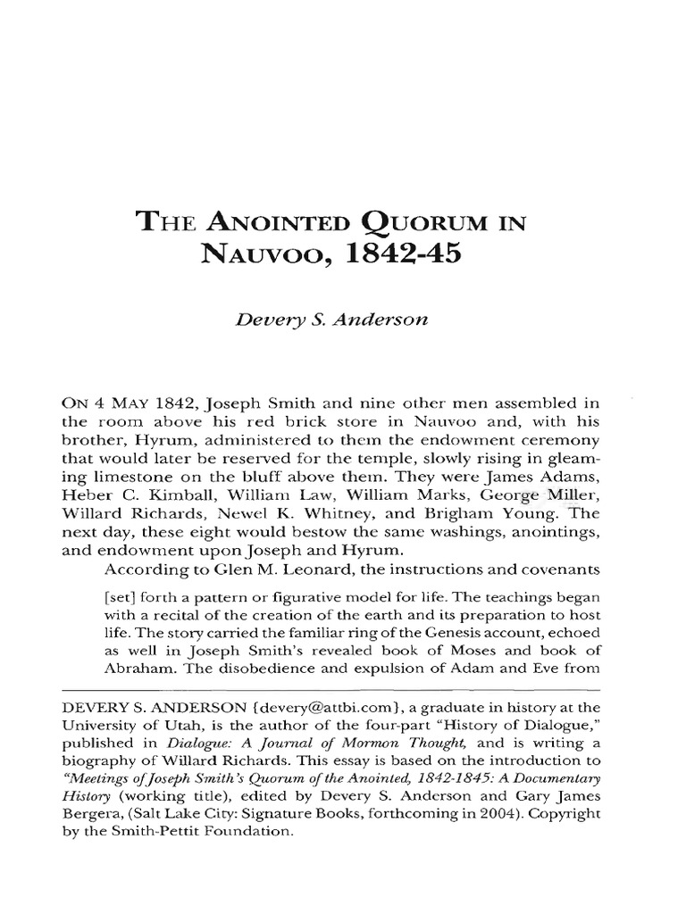 The Anointed Quorum in Nauvoo | PDF | Mormonism And Polygamy | Joseph Smith