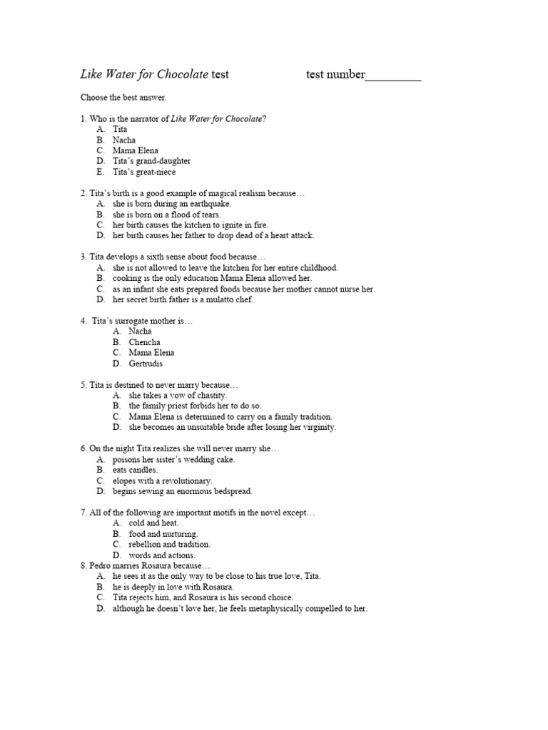 Like Water For Chocolate Test PDF