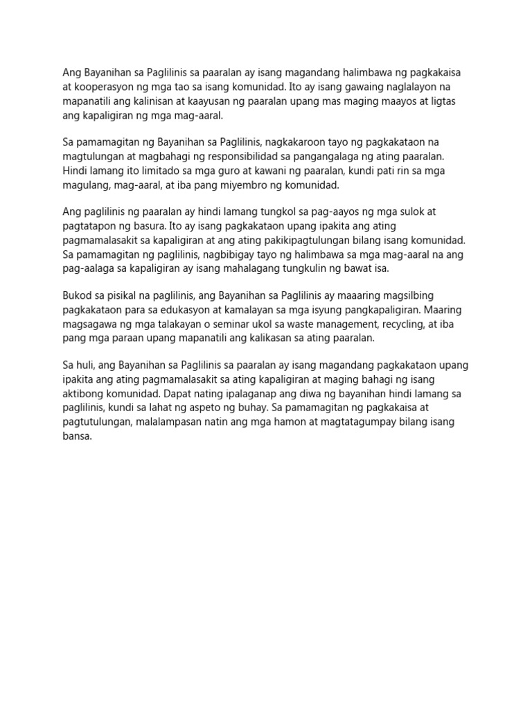 Ang Bayanihan Sa Paglilinis Sa Paaralan Ay Isang Magandang Halimbawa Ng ...