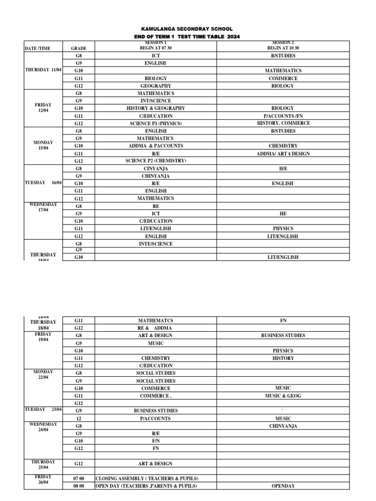 Kamulanga School Term 1 Test Timetable | PDF | Inquiry | Observation