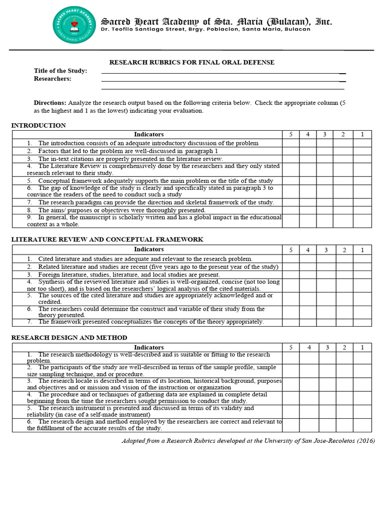 Research Rubrics for Oral Defense Evaluation | PDF | Statistics | Data