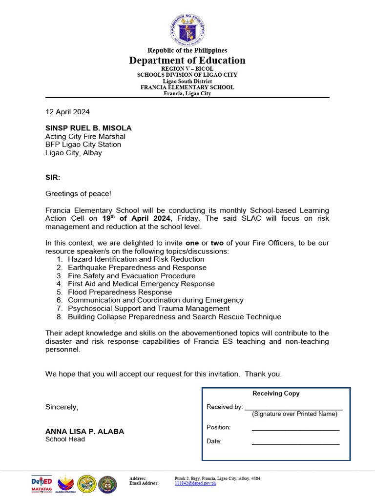 Francia Elementary School SLAC Invitation | PDF | Emergency Management ...