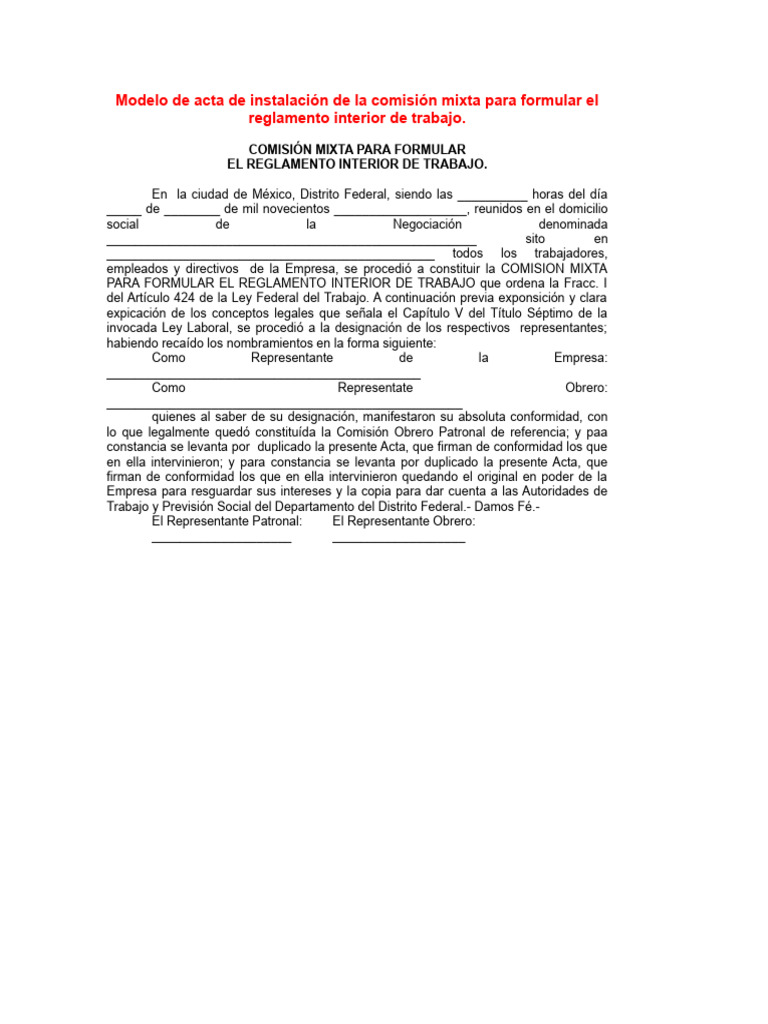 Acta De Comision Mixta De Reglamento Interno