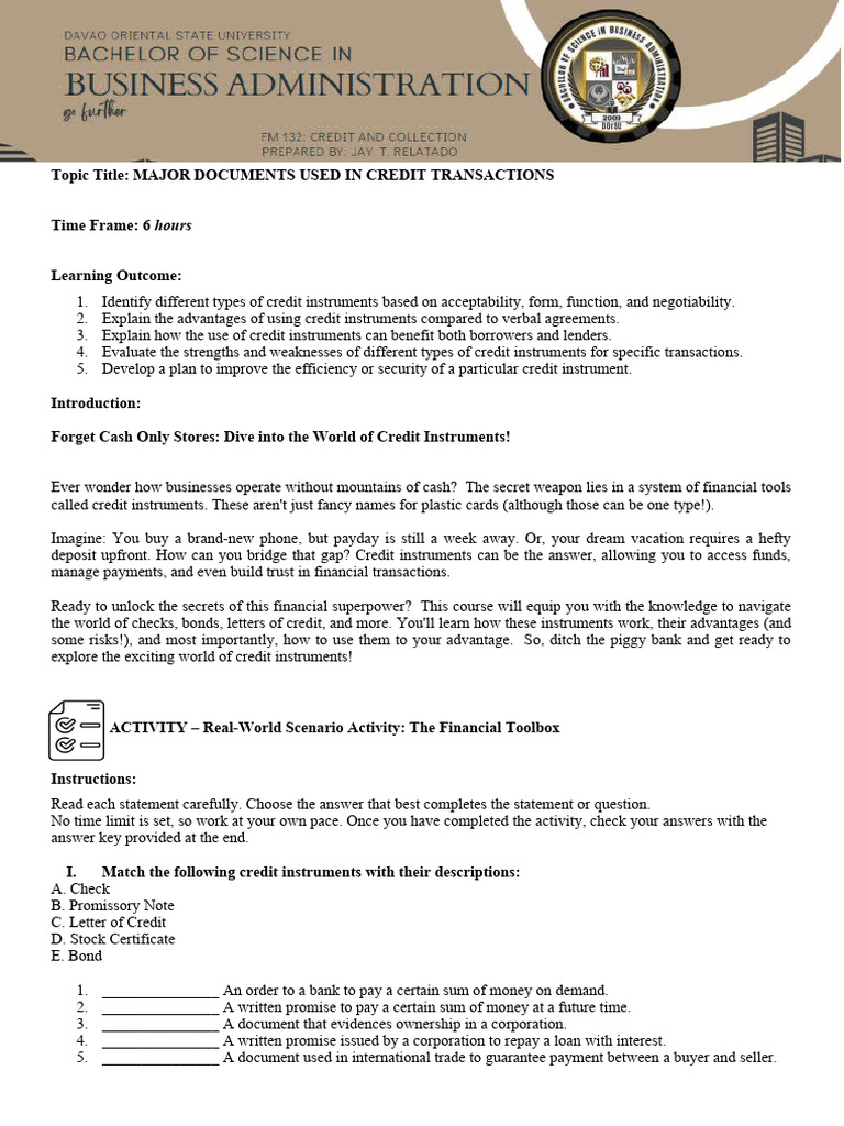 Lesson 4 Major Documents Used in Credit Transactions | PDF | Cheque ...