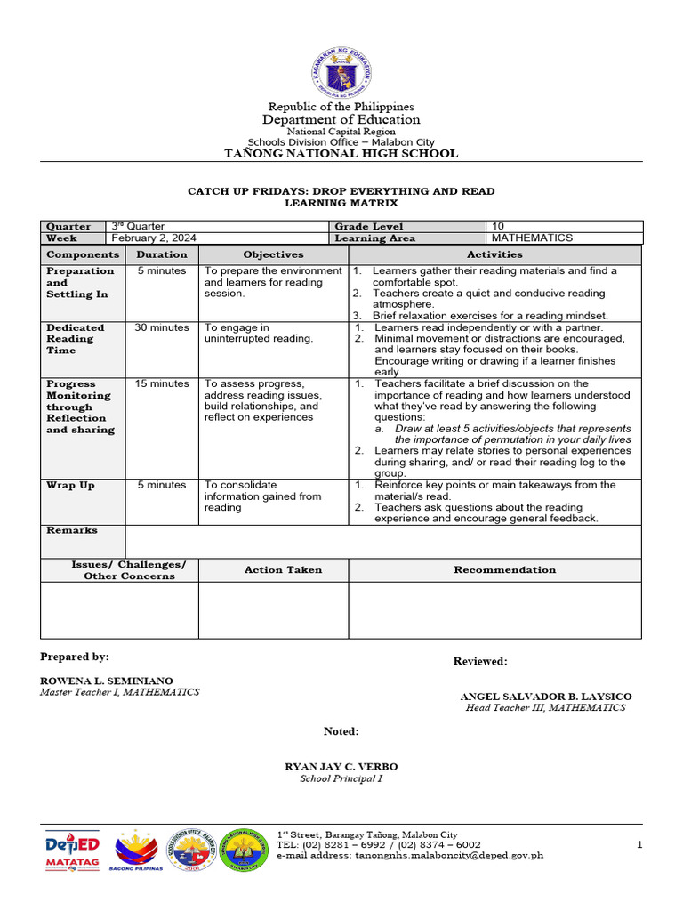 Tañong National High School Reading Plan | PDF | Learning | Teachers