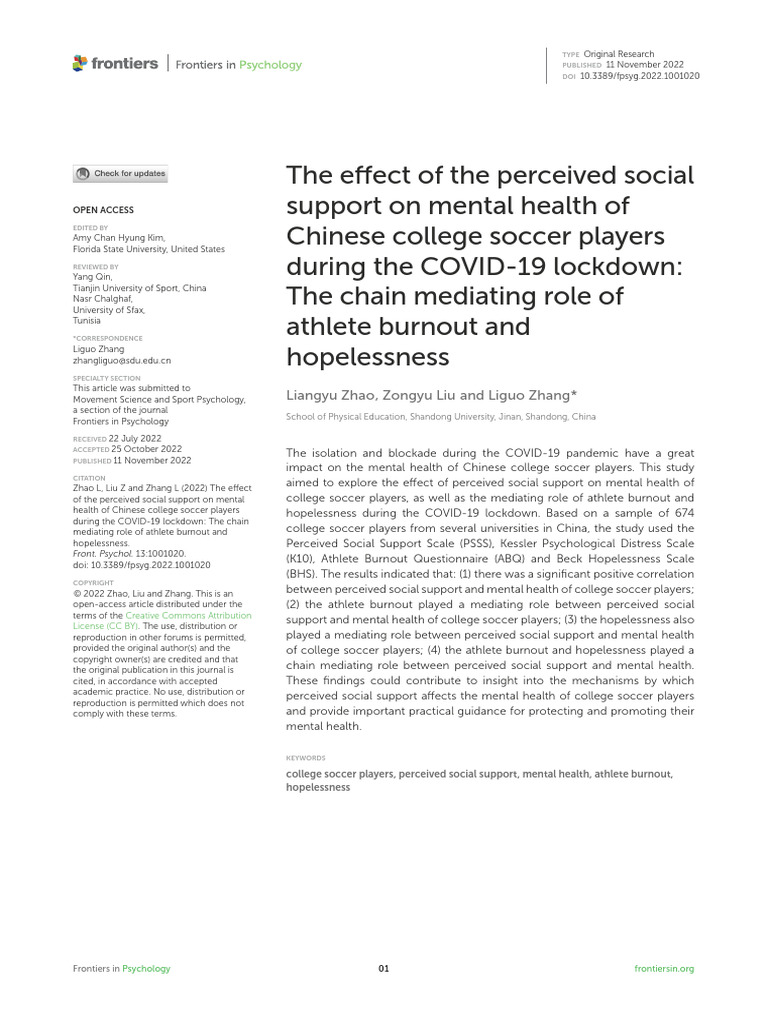 Burnout chinese soccer players | PDF | Social Support | Depression (Mood)
