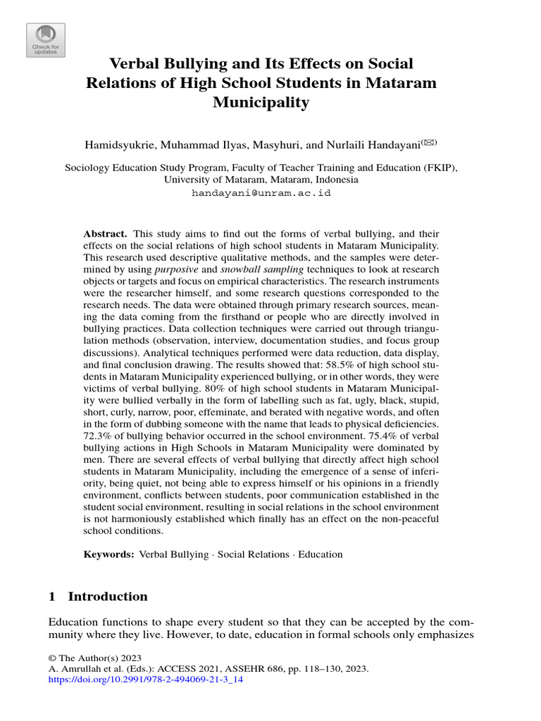 Verbal Bullying and Its Effects On Social Relations of High School ...