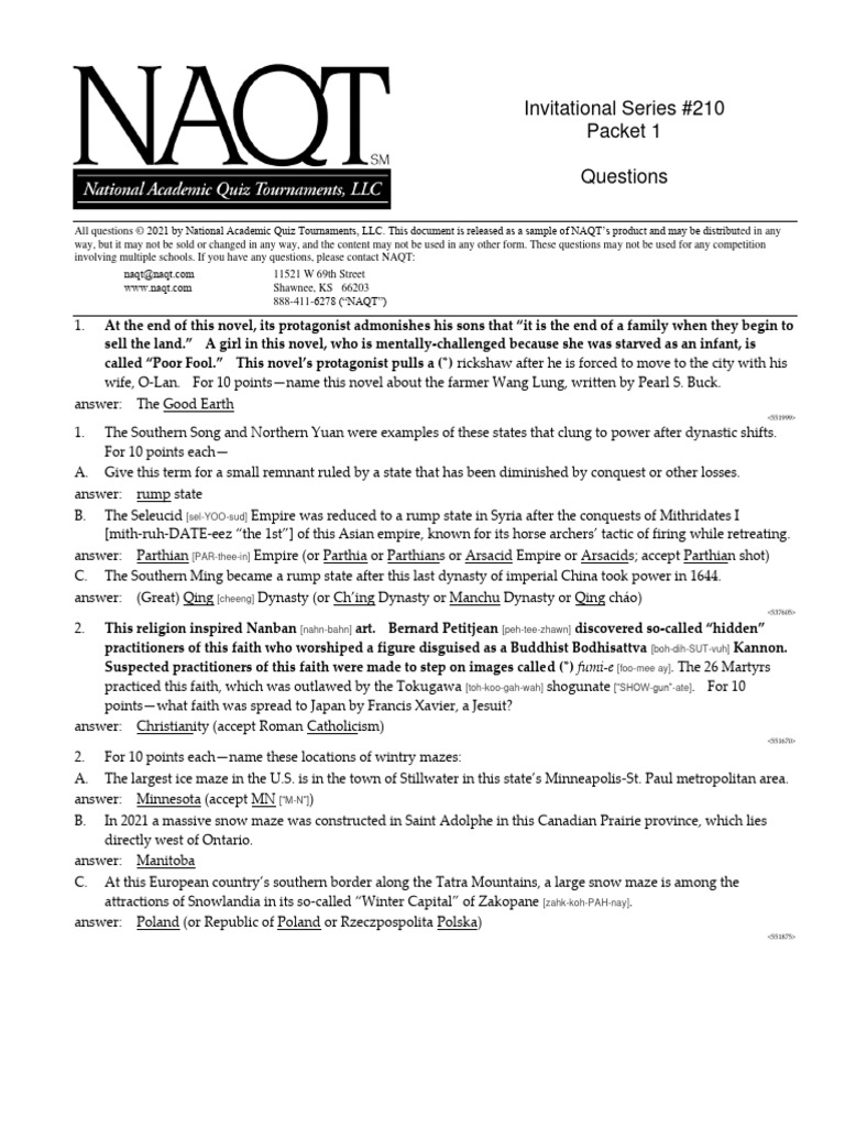 NAQT Invitational Series #210 Questions | PDF | Antibody | Moby Dick