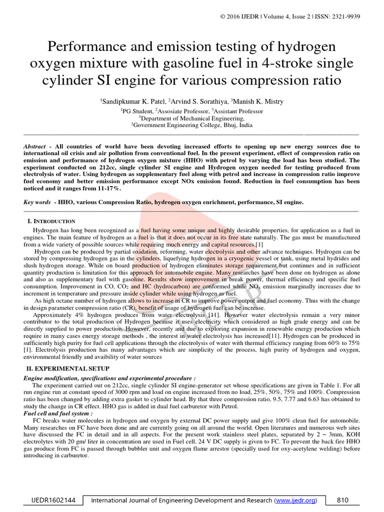 Performance and Emission Testing of Hydrogen Oxygen Mixture With ...