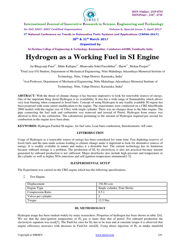 Hydrogen As A Working Fuel in SI Engine | Download Free PDF | Diesel ...