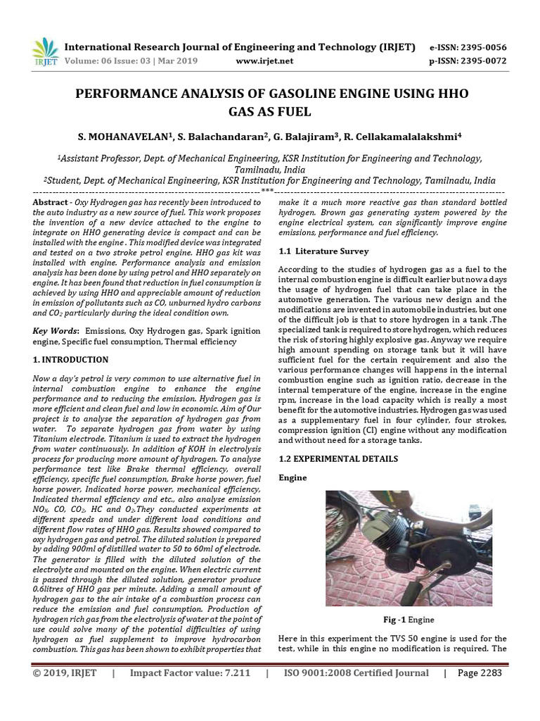 Performance Analysis of Gasoline Engine Using HHO Gas As Fuel | PDF ...