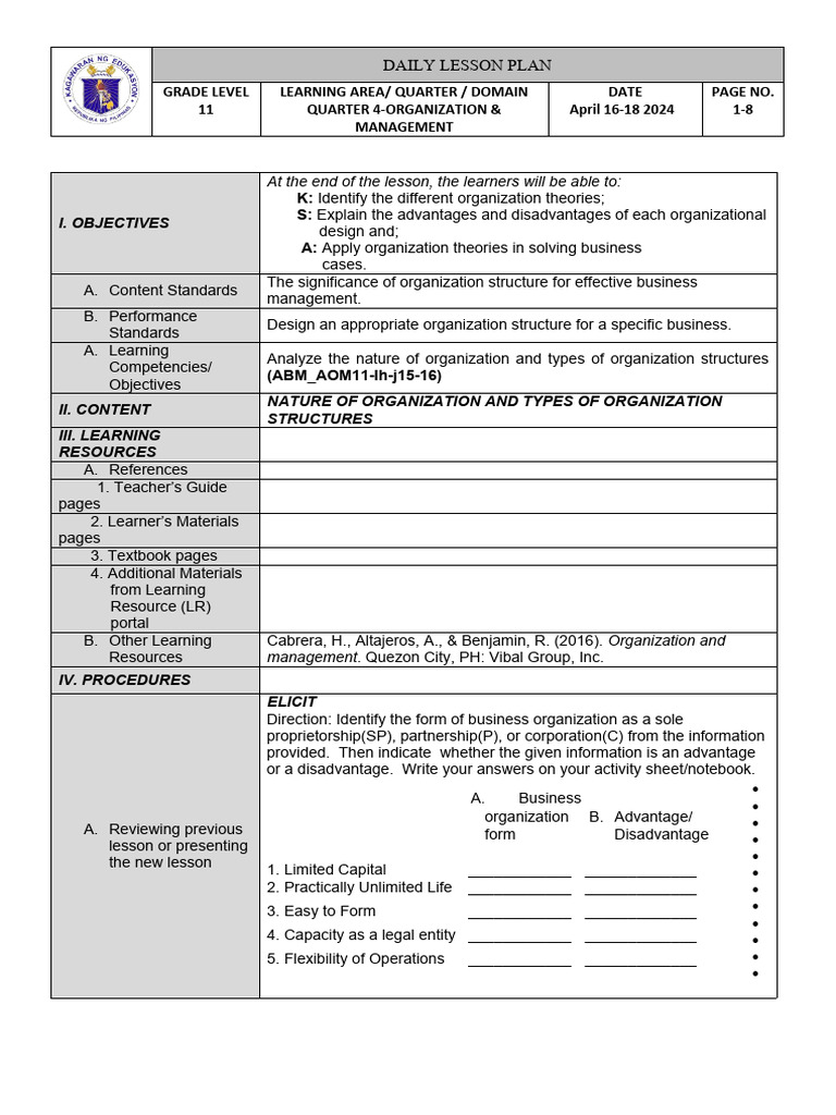 Grade 11 Organization Theories Lesson Plan | PDF | Lesson Plan | Learning
