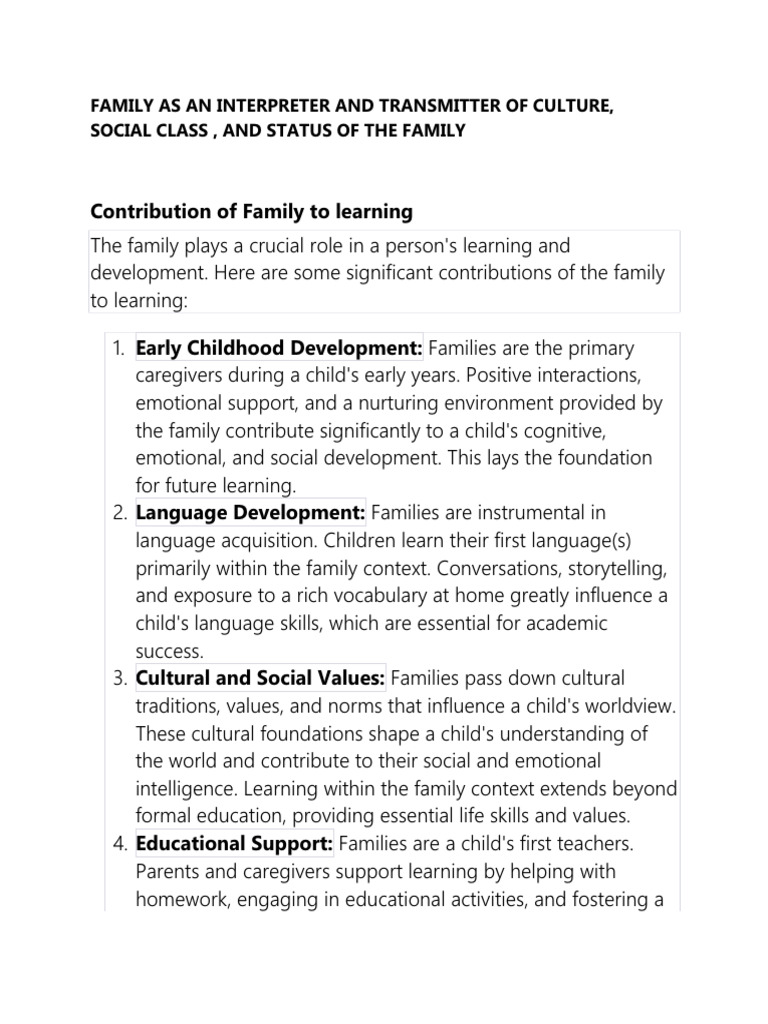 Family's Role in Culture & Learning | PDF | Identity (Social Science ...