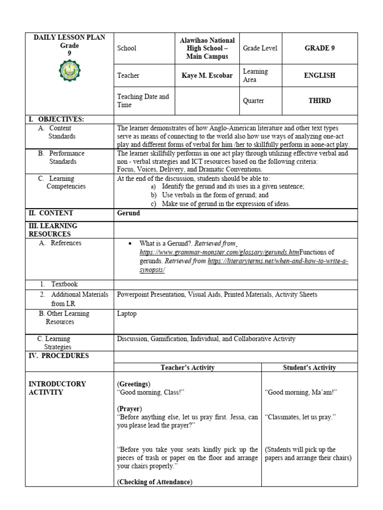 Grade 9 English Lesson Plan: Gerunds | PDF | Verb | Language Mechanics