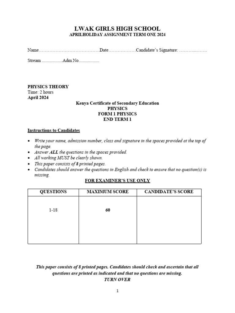 Form 1 Physics End Term Assignment | PDF | Density | Weight