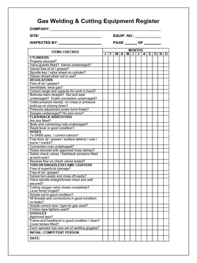 Gas Welding Equipment Inspection Register | PDF
