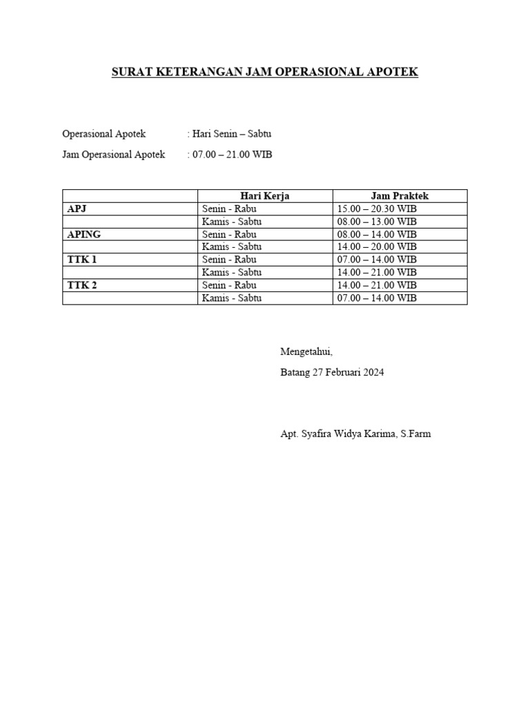 Surat Keterangan Jam Operasional Apotek | PDF