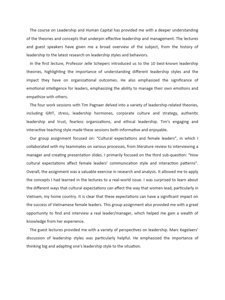 Self Reflection Leadership And Human Capital Pdf Leadership