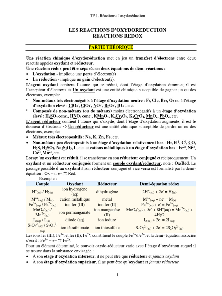 Oxydoréduction et K2Cr2O7 en TP | PDF | Réaction d'oxydoréduction ...