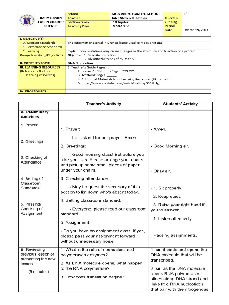 Grade 9 Science: DNA Mutation Lesson Plan | PDF | Rna | Mutation