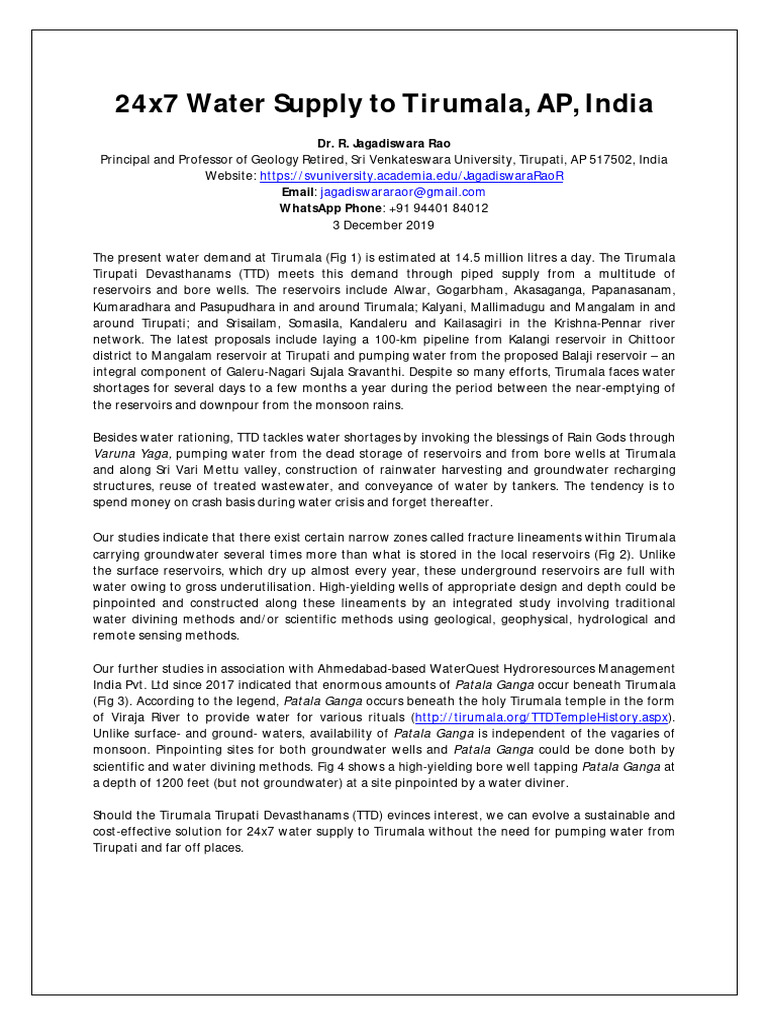 24x7 Water Supply Solutions for Tirumala | PDF | Hydrology | Water