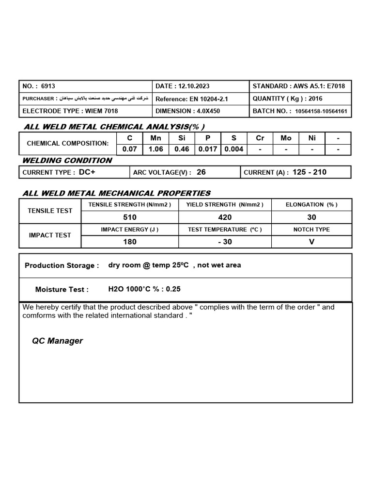 All Weld Metal Chemical Analysis (%) : C MN Si P S CR Mo Ni - 0.07 1.06 ...