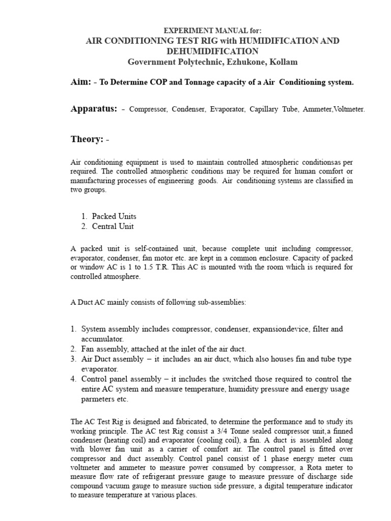 Experiment Manual - Air Conditioning Test Rig | PDF | Air Conditioning ...
