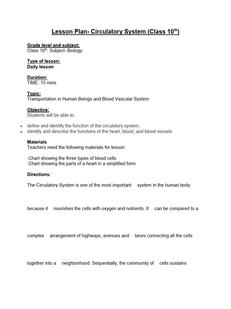 Class 10 Circulatory System Lesson Plan | PDF | Circulatory System ...