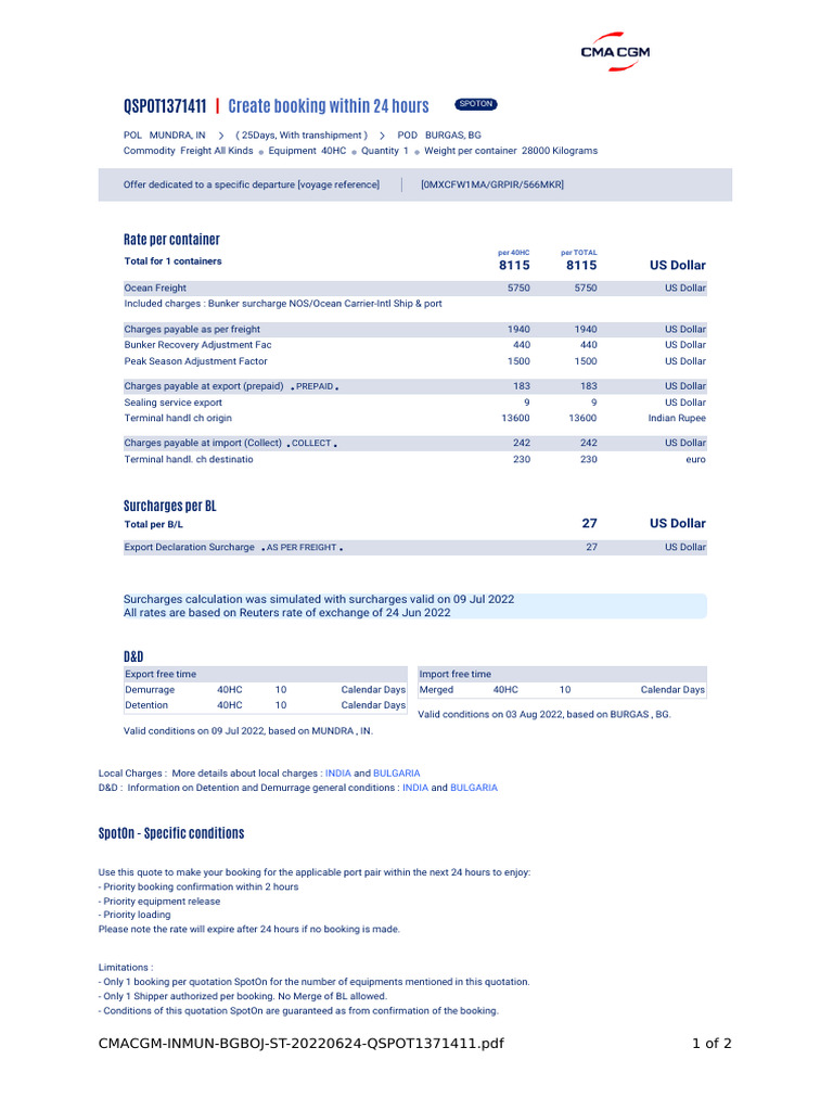 Local Charges for India-Bulgaria Shipping | PDF | Cargo | Fee