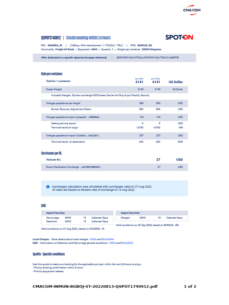 India-Bulgaria Shipping Charges & Terms | PDF | Cargo | Fee