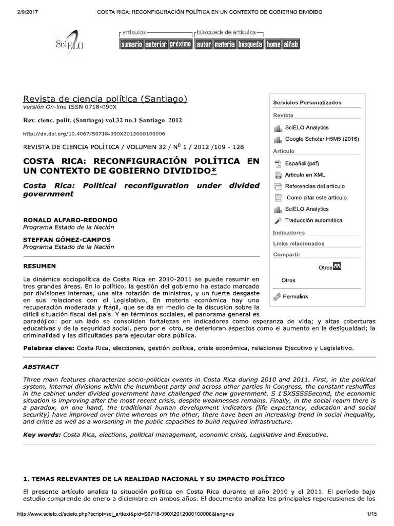 COSTA RlCA RECONFIGURACIÓN POLÍTICA EN UN CONTEXTO DE GOBIERNO DIVIDIDO ...