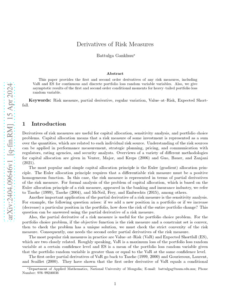 Derivatives of Risk Measures Explained | PDF | Value At Risk ...