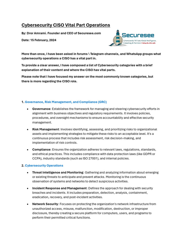 Cybersecurity Ciso Vital Part Operations Pdf Computer Security